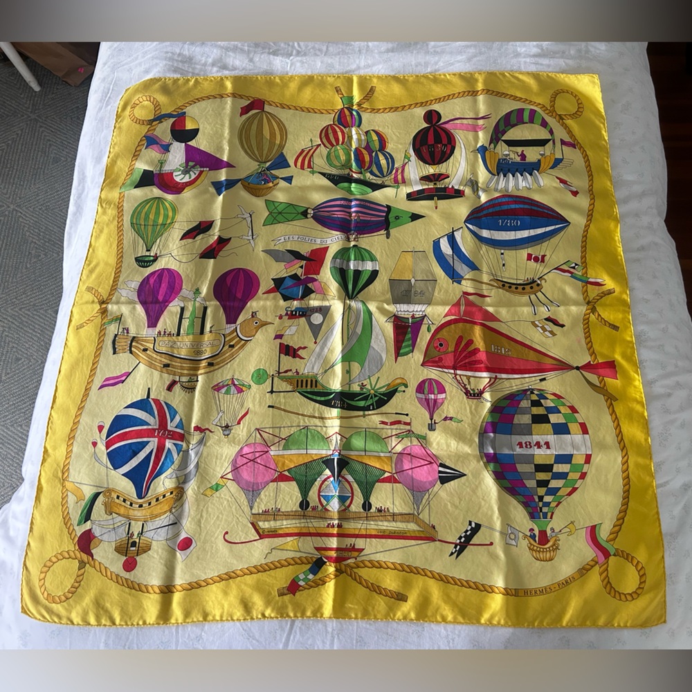 Vintage Hermes Silk Carre Scarf Les Folies du Ciel 90cm Yellow